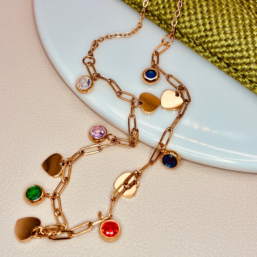 Free People Gold Paper Clip Necklace with Multicolor Crystals & Hearts Charms - Picture 4 of 8